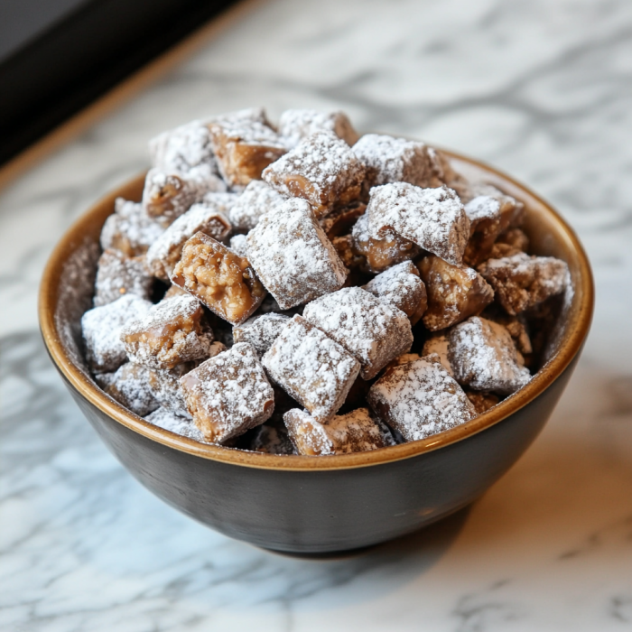 A bowl of Muddy Buddies coated in chocolate, peanut butter, and powdered sugar