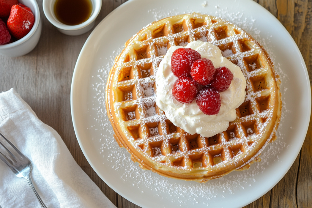 Crispy homemade Belgian waffles topped with fresh berries and whipped cream.