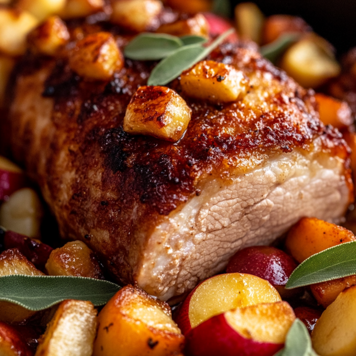 A close-up of a roasted pork loin with crispy skin, caramelized apples, and sage, surrounded by roasted vegetables, evoking a rustic autumn feel