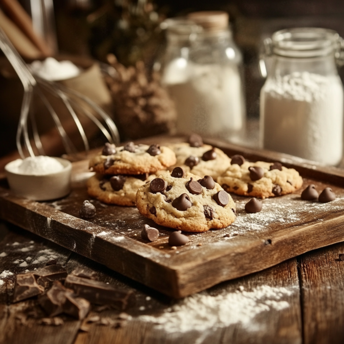 reshly baked chocolate chip cookies on a rustic wooden tray