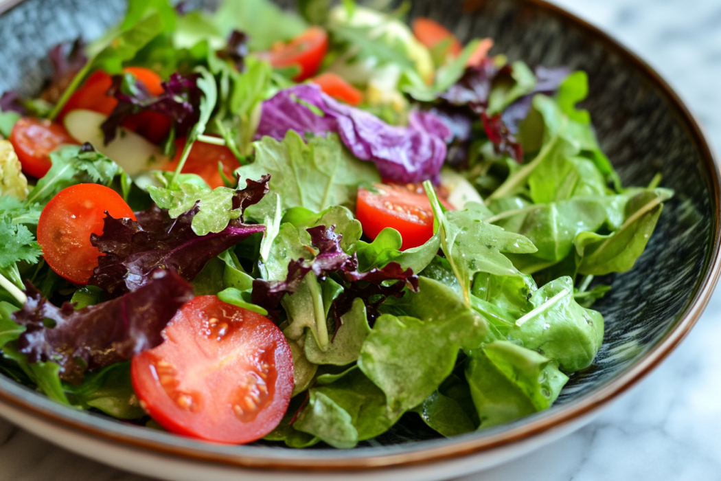 A fresh Monticello salad with leafy greens, herbs, and vegetables inspired by Thomas Jefferson’s garden.