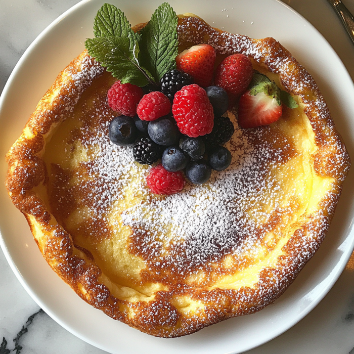 Fluffy Dutch Baby Pancake topped with fresh fruit and powdered sugar.