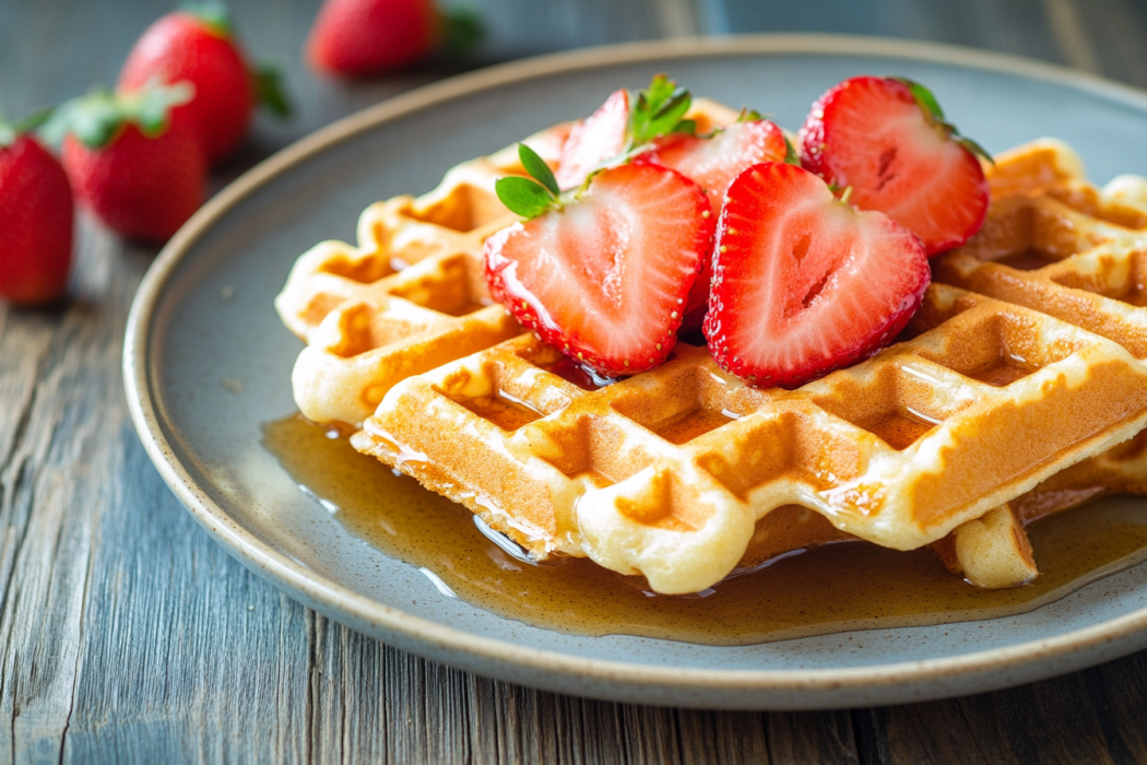 A plate of golden, crispy Belgian waffles topped with fresh strawberries and syrup, made using a standard waffle maker