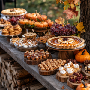 A rustic wooden dessert table filled with fall-themed treats such as pumpkin pie, apple crisp, pecan tarts, and s’mores. 