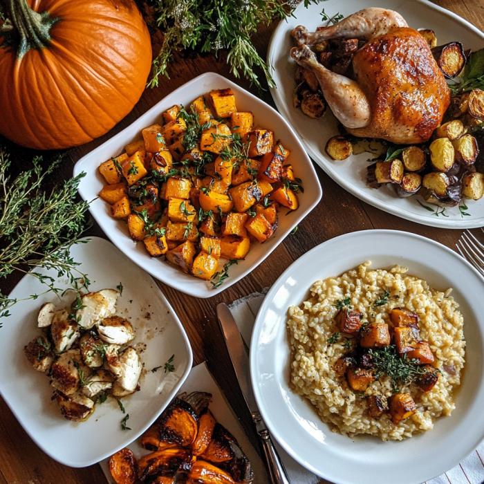 Autumn dinner table with seasonal dishes like roast chicken, pumpkin risotto, and roasted vegetables.