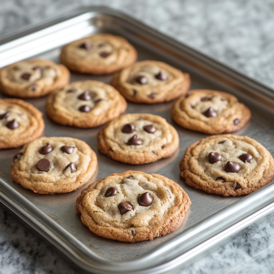 Baked Ghirardelli chocolate chip cookies on a tray