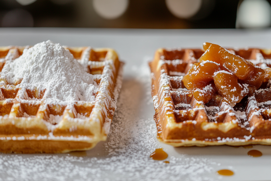 Close-up of a Brussels waffle with powdered sugar and a Liège waffle with caramelized sugar