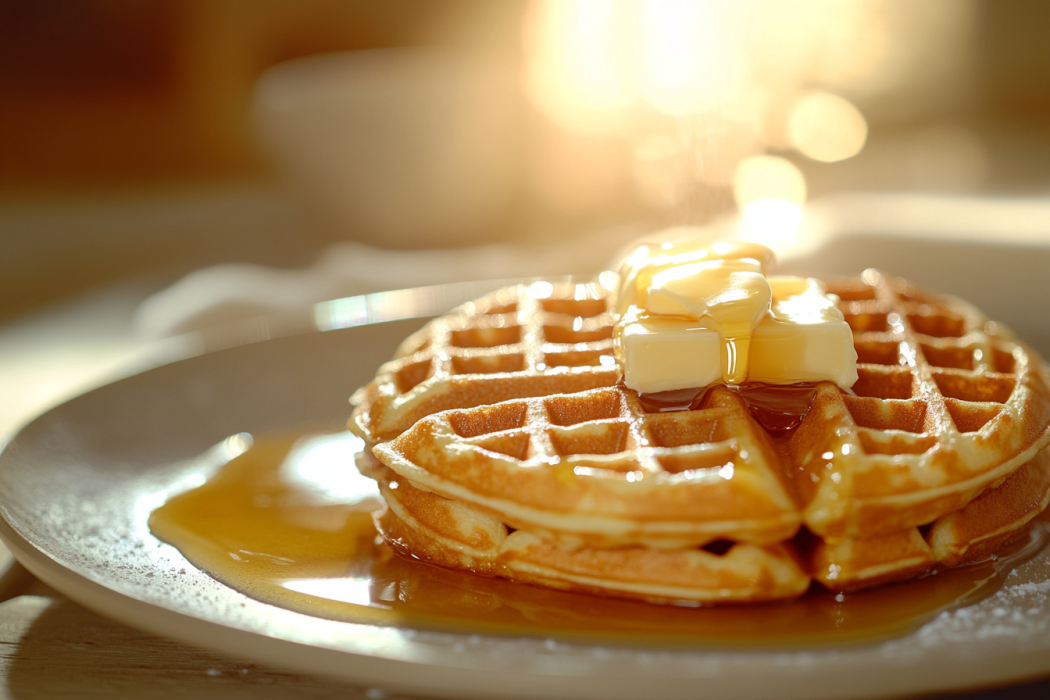 Golden crispy waffles with syrup and butter on a plate