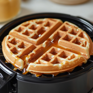 the cooking process for each waffle, especially highlighting the flipping action of a Belgian waffle maker
