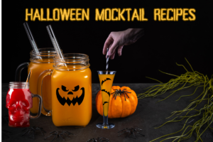 Colorful Halloween mocktail with spooky garnishes