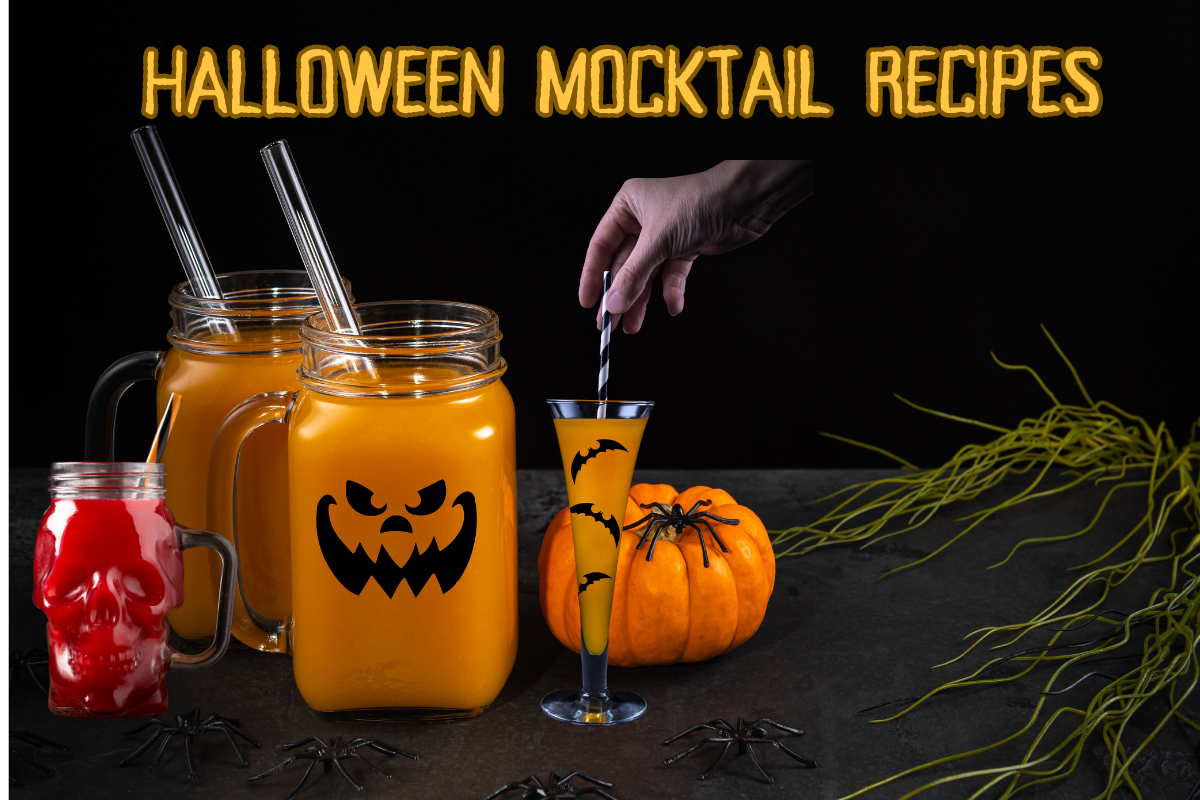 Colorful Halloween mocktail with spooky garnishes