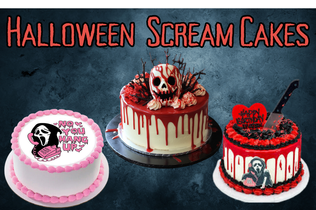 A scream cake decorated with a Ghostface mask, spooky blood splatters, and eerie Halloween-themed elements. Perfect for horror lovers and Halloween parties.